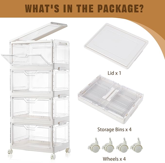 Freebat Collapsible Plastic Storage Bins with Wheels, Clear Stackable Storage Bins with Lid, Stackable Storage Bins with Open Door, Folding Storage Bins Organizer for Closet, Bedroom, Living Room