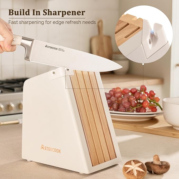 Astercook Knife Set, Kitchen Knife Set with Block and Sharpener, 12 Pcs Ultra-Sharp High Carbon Stainless Steel Knife Block Set with Non-Slip Full Tang Ergonomic Handle, Cream White Cutlery Set