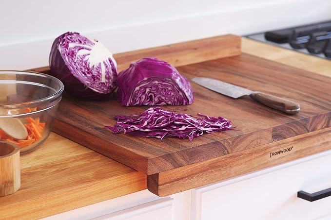 Ironwood Gourmet Double-Sided Countertop Lyon Pastry/Cutting Board With Gravy Groove, Acacia Wood 17.25 x 24 x 1.25 inches | Extra Large Wood Cutting Board With Juice Groove | Countertop Lip Keeps The Board In Place | Easily Knead Dough & Carve Meat