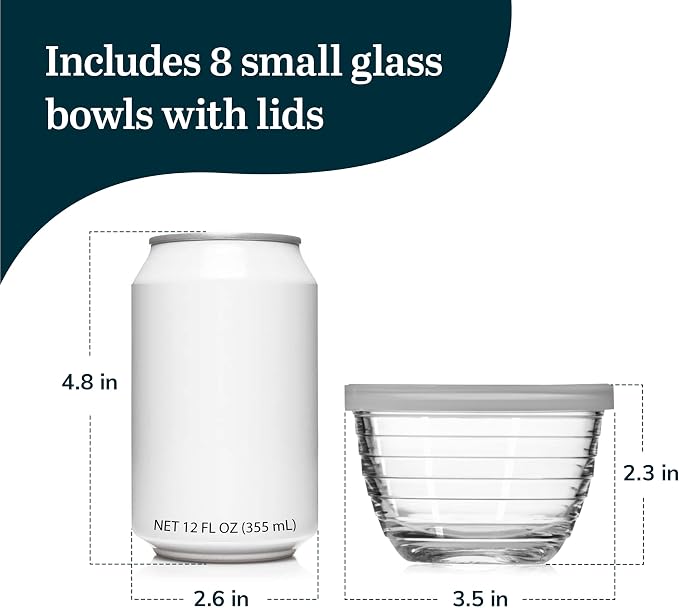 Libbey Small Glass Bowls with Lids Set of 8, Food Storage Prep Containers | Set of 8 Glass Bowls with Secure Lids Store Leftovers, Snacks, Sauces & Meal Prep Ingredients; Dishwasher Safe for Daily Use