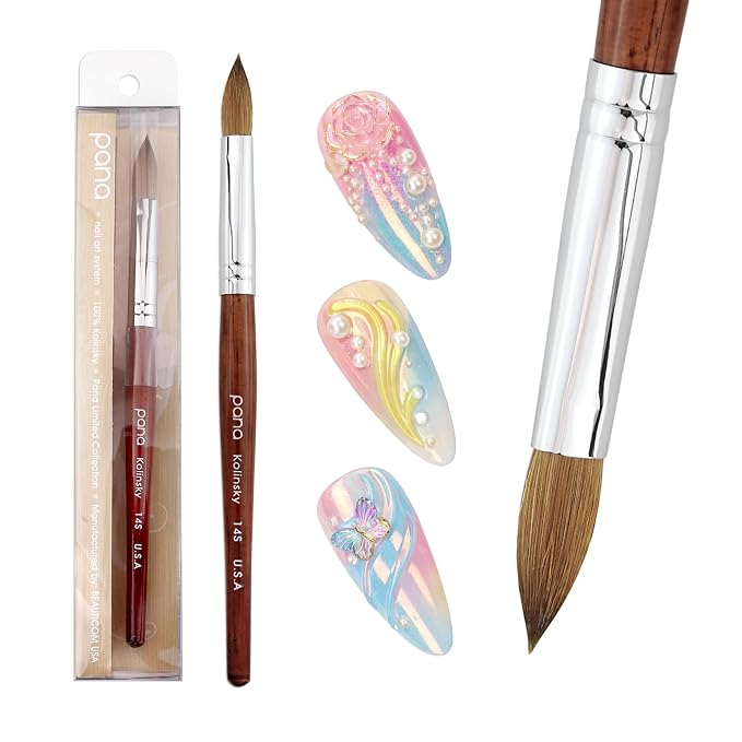 PANA 100% Pure Kolinsky Hair Bristles Acrylic Nail Brush Oval Crimped Shaped Mahogany Wood Handle Professional Salon Quality (Size 14)
