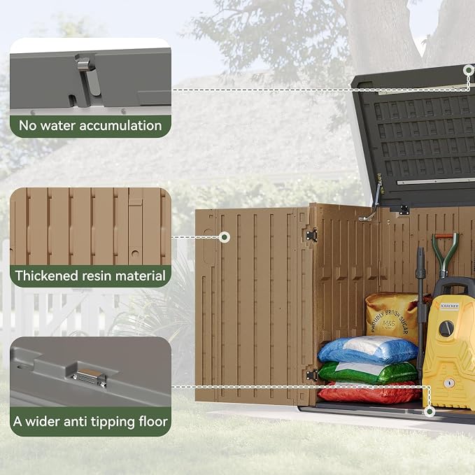 Aoxun Outdoor Storage Cabinet, 35 Cu Ft Waterproof Portable Horizontal Resin Shed Outdoor Storage for Garbage Bin, Generators & Yard Gear, and Lawn Mower (Brown)