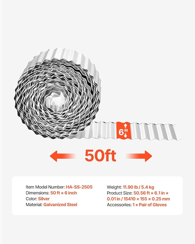 VEVOR Galvanized Steel Landscape Edging, 50 ft x 6 in Metal Edging for Landscaping with Gloves, Easy-to-Install Bendable Metal Strips, Heavy Duty Metal Garden Edge Border for Flower Bed, Yard Pathway