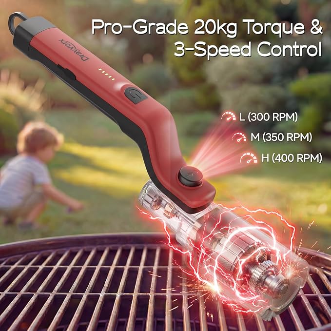 Electric Grill Brush, High Torque Grill Brush with 3-Speed Modes, 20kg Max Torque BBQ Cleaner Safe for Porcelain Cast Iron Stainless Steel, Reinforced Steel Bristles, for Fathers Day