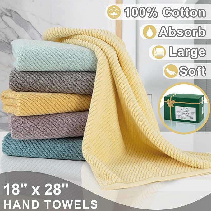 VOOVA & MOVAS Bathroom Hand Towels 4PC, 100% Cotton, 18x28 in, Yellow | Thick, Quick Dry, Soft, Absorbent, Bathroom Essentials, Ideal For Bath, Spa, Guest Room Use