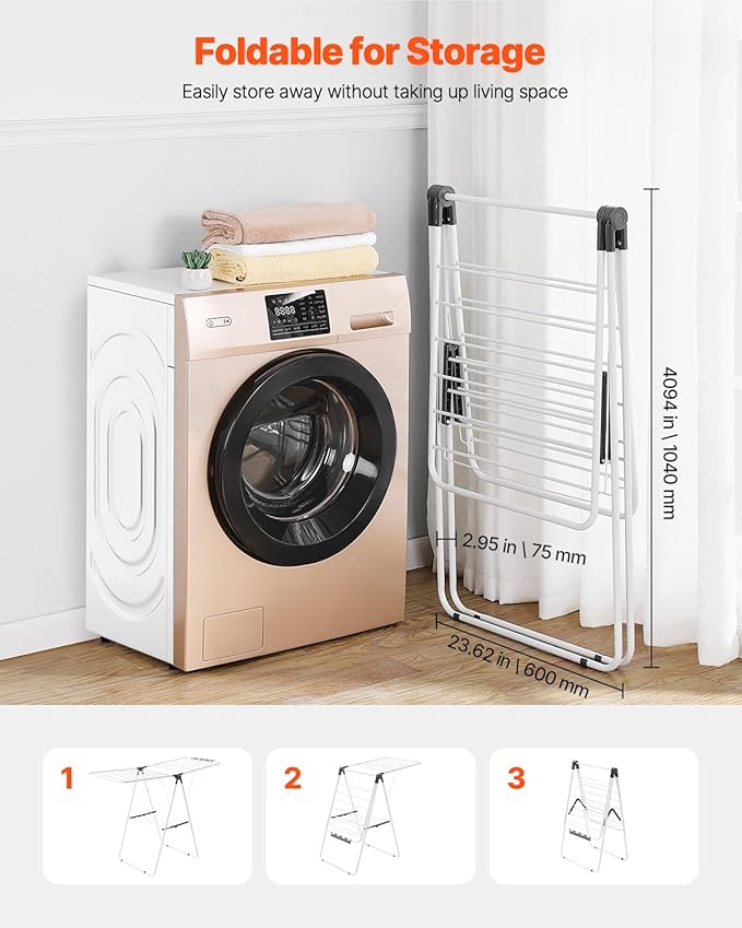 VEVOR Clothes Drying Rack, 2-Tier Foldable Laundry Dryer Rack with Sock Clips & 21 Drying Rods, Metal Height Adjustable Drying Racks for Outdoor & Indoor, Free-Standing & Space-Saving Hanger, White