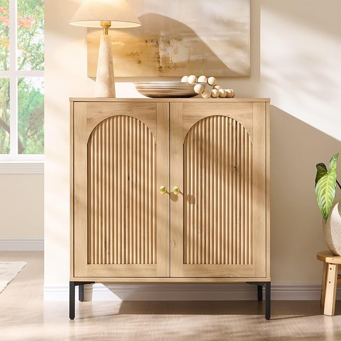 IFGET 34" Tall Modern Arched Sideboard Buffet Cabinet with Storage, Natural | Fluted Arch Sideboard Cabinet w/Adjustable Shelves, Wooden Modular Kitchen Cabinet for Dining& Living Room, Entryway
