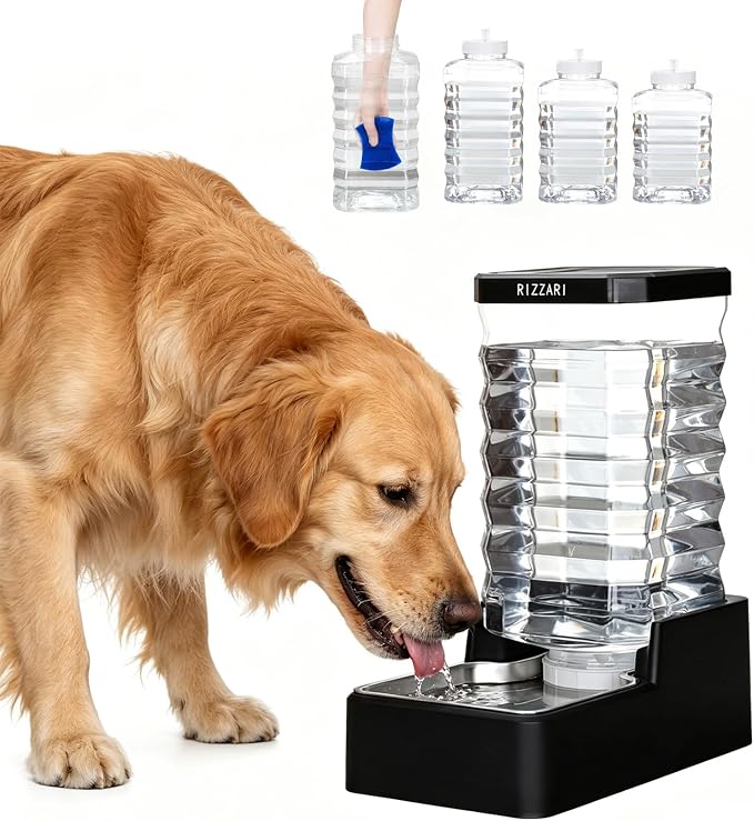 RIZZARI 10L Gravity Dog Water Bowl Dispenser: Wide Mouth Filter-Free Design | Stable Anti-Spill Base/Dishwasher Safe Bowl / Multi-Pet Friendly Design/Travel & Workday Ready /Low Maintenance Daily Use