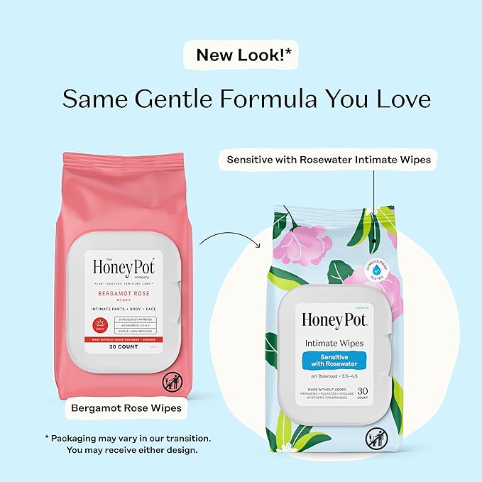 The Honey Pot Company - Feminine Wipes - Sensitive w/Rosewater Feminine Hygiene Wipes - pH Balancing, Herbal Infused Plant-Based Feminine Care for Sensitive Skin - Cleansing Wipes for Women - 30ct