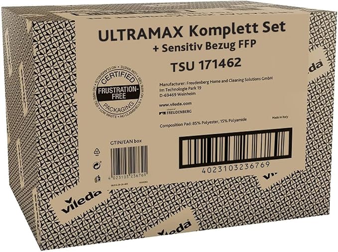 Vileda Ultramax Floor Mop Complete Set, Sensitive Cover Including 2 Replacement Covers and Bucket with Power Press, Mop with Handle, for Sensitive Floors, Handle Length 75-130 cm, Eco Packaging