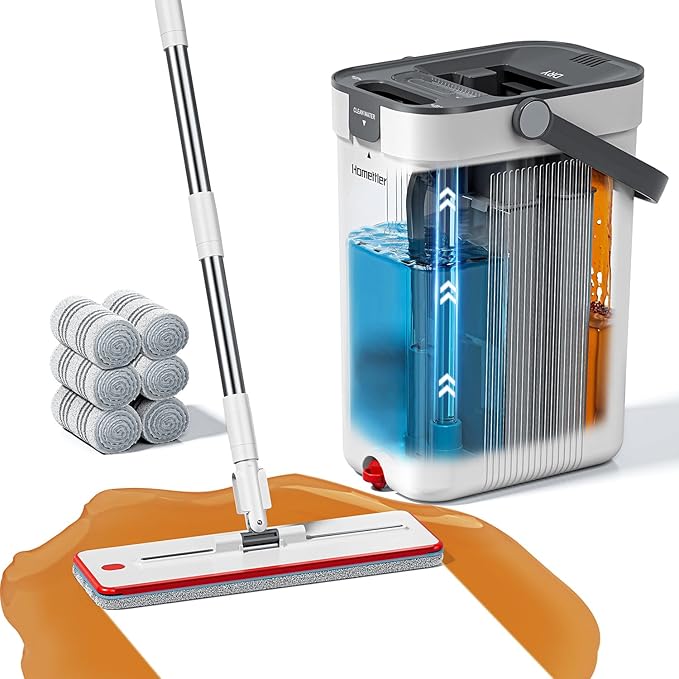 HoMettler Mop and Bucket Set, 3-Tank Flat Mop and Bucket System for Separate Dirty & Clean Water, 65" Mops for Floor Cleaning with 6 Washable Pads, Safe for Hardwood, Vinyl, Tile, Baseboards, Walls