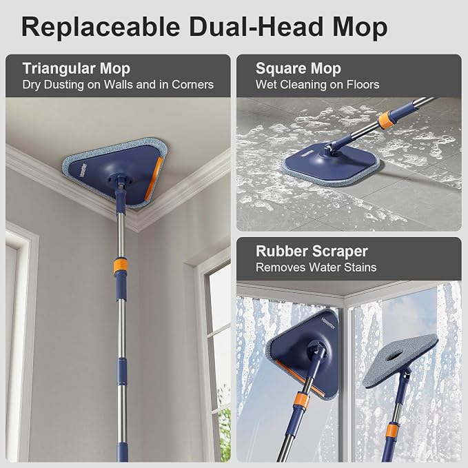 HoMettler Spin Mop and Bucket Set, Mop Bucket with Separate Dirty Water System, Deep-Cleaning Mops for Floors/Wall, Versatile Mops (Spin Mop Set with Triangular Head)