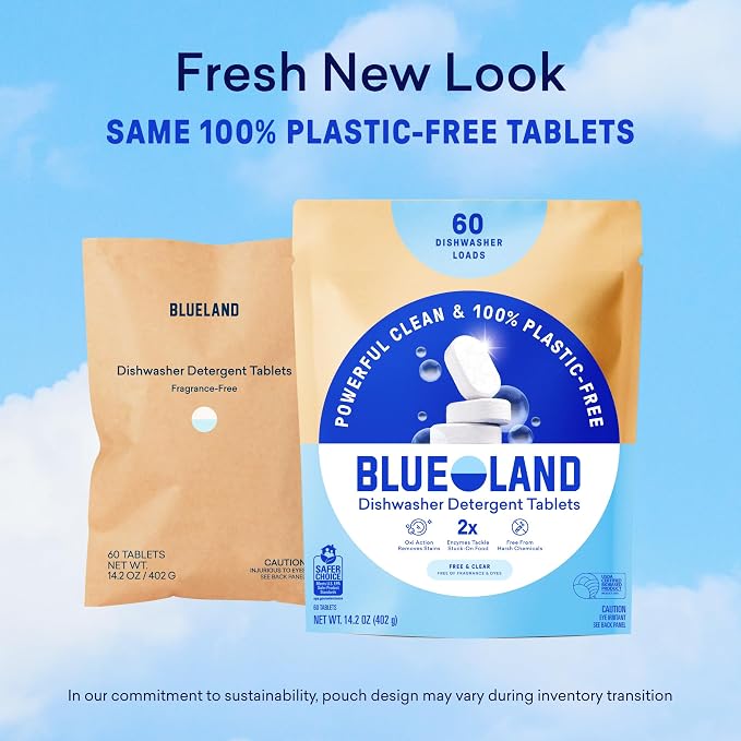 BLUELAND 100% Plastic-Free Dishwasher Detergent Tablets, 120 Count, Free & Clear, Eco-Friendly Dishwashing Pods, Cuts Grease & Stuck on Food, Rinses Clean for Streak-Free Shine