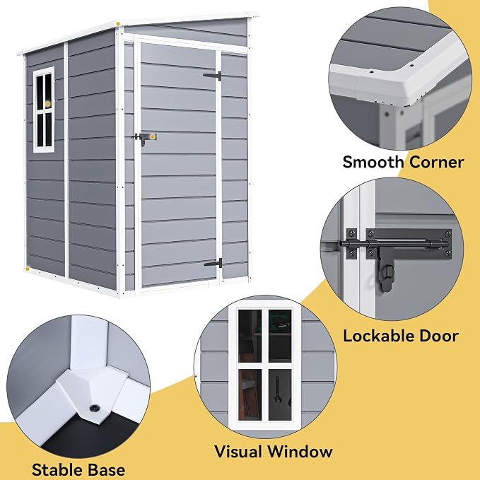 DWVO 5x4 FT Resin Storage Shed with Floor, All-Weather Outdoor Storage Shed with Lockable Door & Window, Waterproof Plastic Tool Shed for Garden, Backyard, Patio, Lawn, Gray