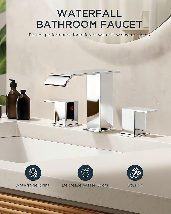 FORIOUS Bathroom Faucet 3 Hole Chrome, 8 Inch Widespread Bathroom Sink Faucet Waterfall Spout, with Pop Up Drain and Water Supply, Suitable for Vanity Rv Commercial Lavatory Restroom
