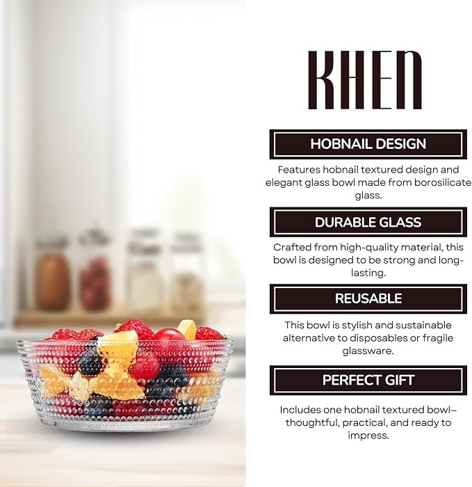 Khen Hobnail Glass Bowl Breaded Clear Borosilicate Decorative Tableware for Fruit, Salad or Centerpiece Display, Vintage Style 7 Inch Round Dish Ideal for Dining Table, Coffee Table or Kitchen Use