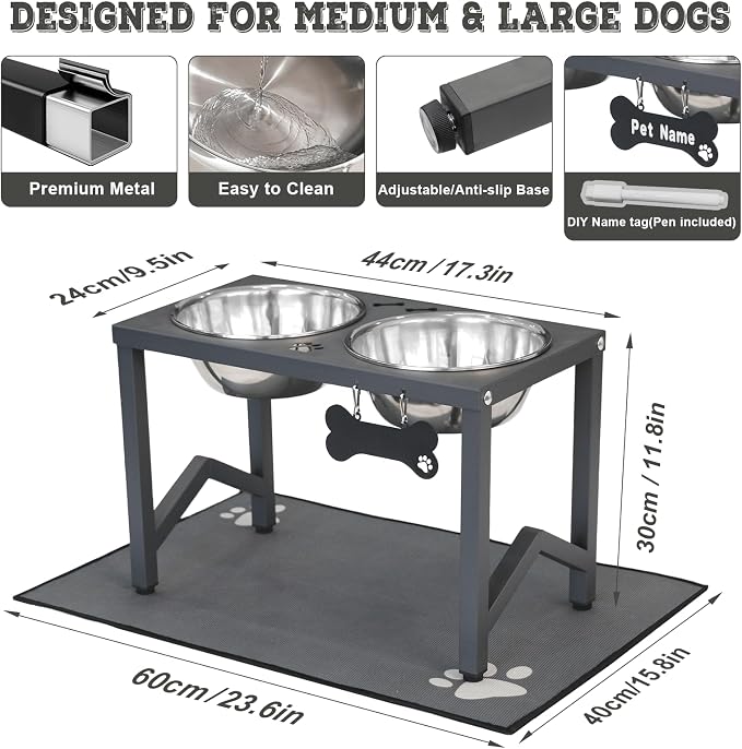 Elevated Dog Bowls, Metal Raised Dog Bowl Stand with 2 Thick 58oz Stainless Steel Food Bowls & Non-Slip Mat - 11.8" Tall for Medium/Large Breeds(Grey)