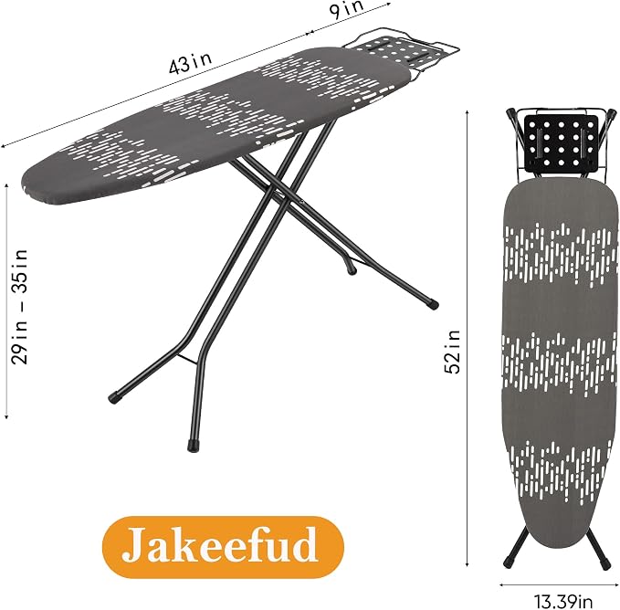 Jakeefud Deluxe Ironing Board with Heat Resistant Cover and Thicken Felt Pad, Safety Iron Rest, 4 Premium Steel Legs, Height Adjustable,Foldable