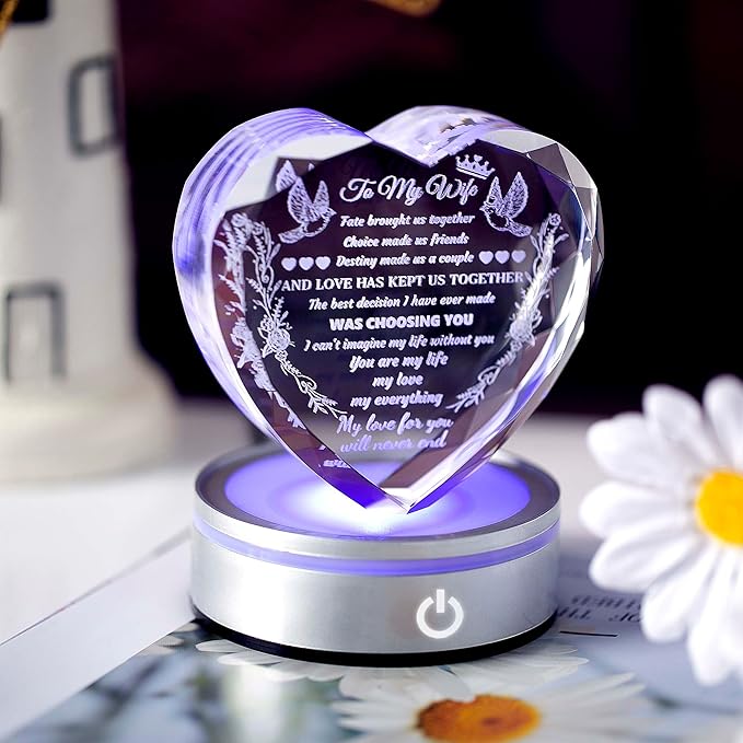 Gifts for Wife Crystal with Colorful LED Base, Anniversary Birthday Gifts for Women, I Love You Gifts for Her Wife Birthday Gift Ideas, Crystal Keepsakes Romantic Gifts for Valentine's Day