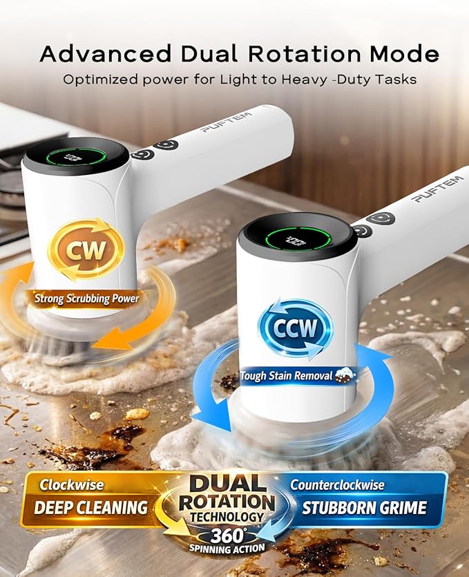 PUFTEM Shower Scrubber, Electric Spin Scrubber for Bathroom Cleaning – Cordless Shower Cleaner Brush with 6 Brush Heads, Dual-Direction Rotation, for Grout, Tile, Tub, Sink & Corners, White
