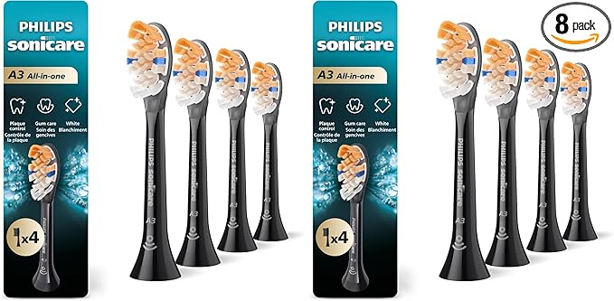 Philips Sonicare A3 All-in-One - Genuine Replacement Electric Toothbrush Heads,Black One Year Supply,HX9094/95,(Pack of 8)