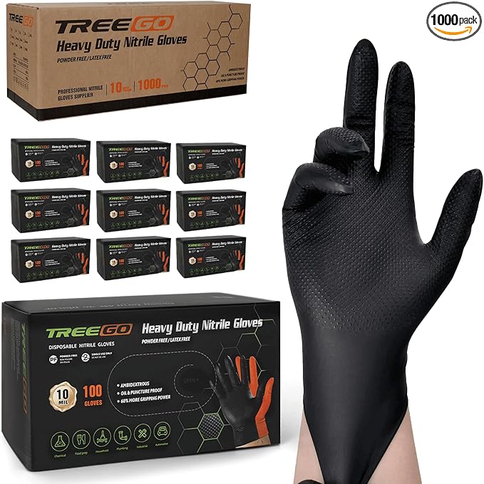 TREEGO Black 10 Mil Diamond Grip Nitrile Gloves Case, Large, 1000 Count | Latex Free, Professional Mechanic Gloves for Automotive Service, Garage, Workshop & Industrial Maintenance