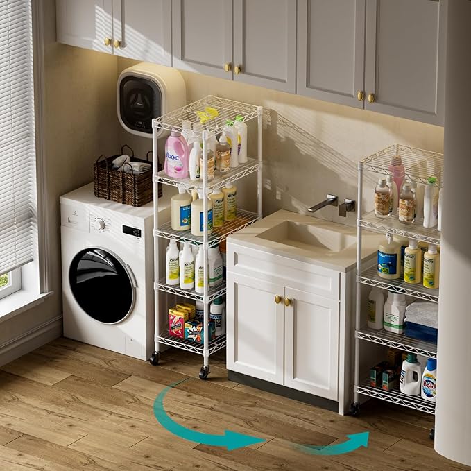 SINGAYE 5 Shelves Storage Shelf Wire Shelving Unit Metal Adjustable Wheels | Small Shelf Storage with Wheels Organizers Closet Unit for Bathroom Laundry Room Kitchen Pantry11.5D x 17.5W x 57H White