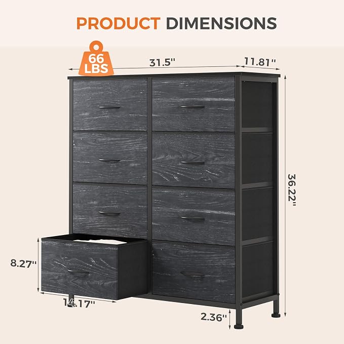 Sweetcrispy 8 Drawer Fabric Dresser for Bedroom, Tall Dresser, Black Wood | Chest of Drawers with Sturdy Steel Frame and Wooden Top, Storage Organizer with Easy Pull Handles