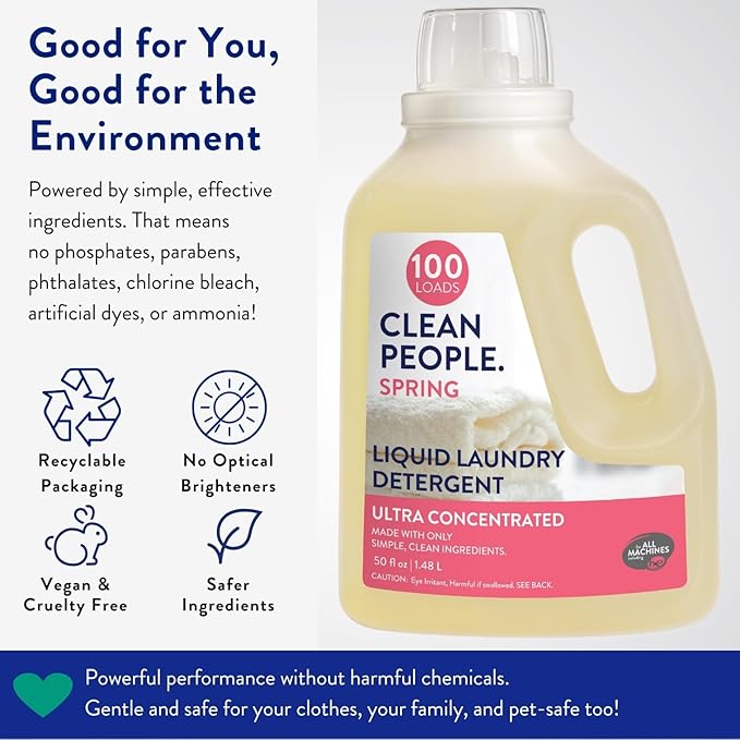 The Clean People Liquid Laundry Detergent - Recyclable Packaging, Stain Fighting - Ultra Concentrated, Laundry Soap - Spring Scent, 200 Loads