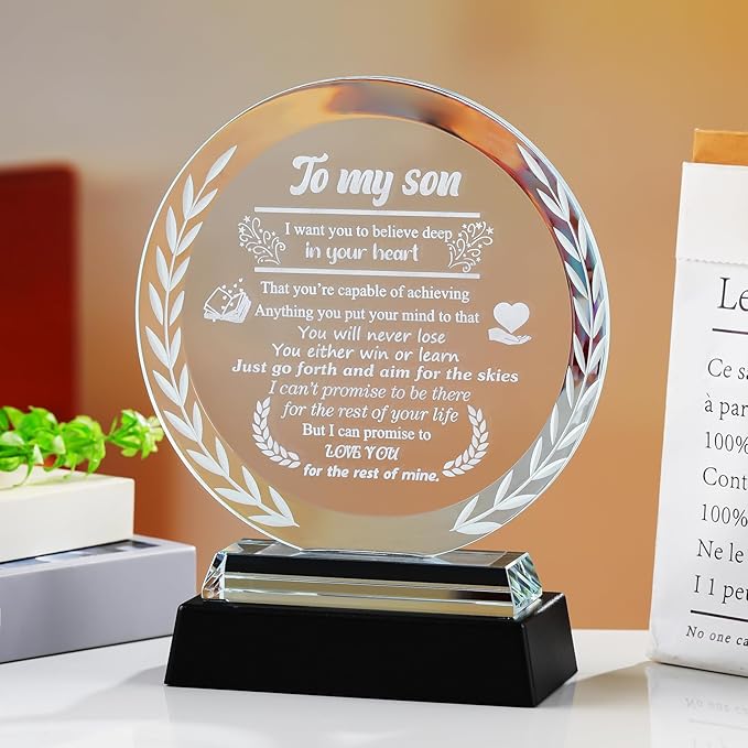 Arikyrist Fathers Day Son Gifts from Mom Dad Crystal Plaque to My Son with LED Light Base Unique Birthday Graduation Gifts for Son Adult