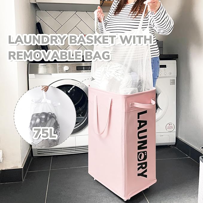 CHICVITA Laundry Hamper with Wheels 2-Pack, 75L Collapsible Laundry Basket with Removable Wash Bags, Pink Laundry Hamper for Corner Dorm, Rolling Laundry Basket on Wheels