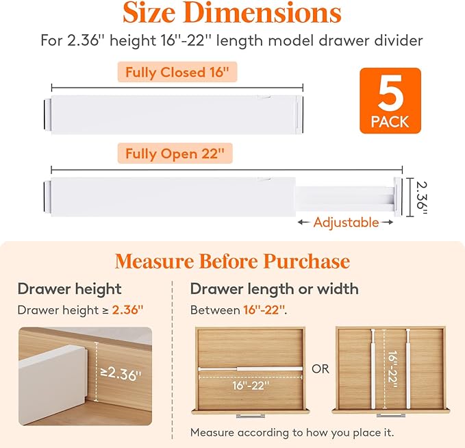 Lifewit 5 Pack 2.36" High Drawer Dividers 40-56cm/16-22 Adjustable Drawer Organizer for Clothes/Utensils, Expandable Drawer Separator in Dresser/Kitchen/Bedroom/Office Organization & Storage White
