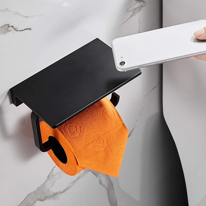 Toilet Roll Paper Holder Bathroom Solid Brass and Superior Hotel Style Wall Mount Tissue Roll Holder with Phone Shelf Matte Black Finished