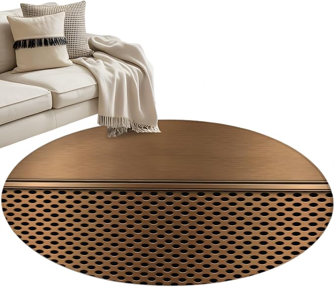3 Ft Round Rug for Play Room, Brown Metal Hole Indoor Accent Rugs for Living Room, Modern Copper Net Eye Hole Pattern Decorative Circle Carpet Washable Low Pile Non Slip, Soft Rug for Bedroom/Office