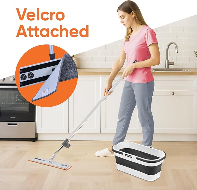 Superio Fold N' Go 10L Collapsible Mop Bucket with Wheels, Self-Wringing Microfiber Flat Mop & 8"x4.5" Reusable Pad - Portable, Hands-Free Cleaning Set for Home & Outdoor Use