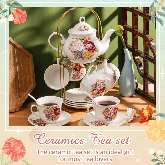 Zhehao 20 Pcs Porcelain Tea Set with Metal Holder and Spoon Adult Ceramic Tea Set European Flower Painting Teapot Cup Saucer Spoon for Women Mom Gift, Large Version (Groovy Style)