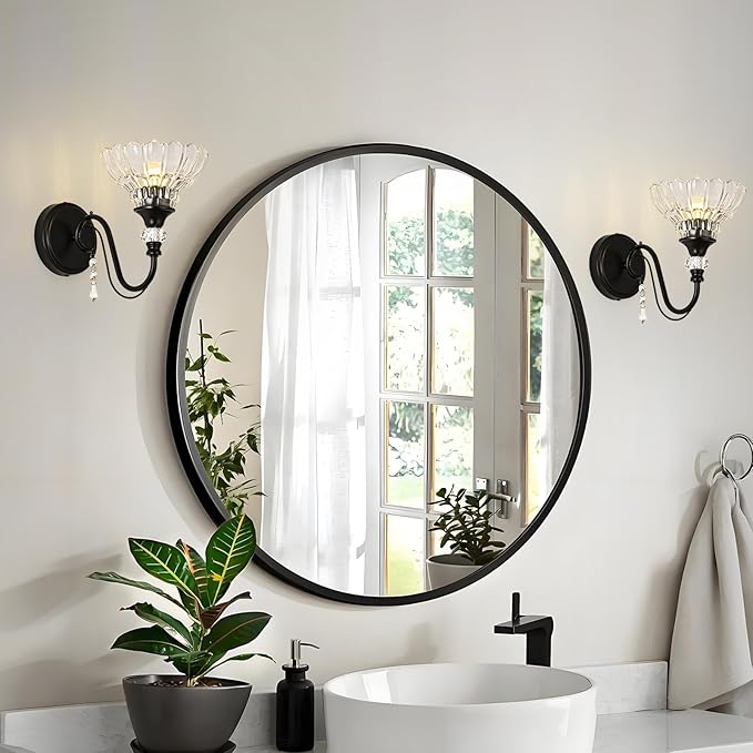 1 Piece Black Wall Sconce, 1-Light Black Farmhouse Wall Sconce with Hanging Crystal Accents and Flower-Shaped Clear Shades for Bathroom Bedroom Living Room,Vintage Vanity Light