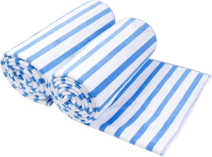 JML Microfiber Beach Towels Cabana Stripe Blue, 2 Pack, 30" x 60" | Hanging Loop,Soft, Absorbent, Quick Dry, Lint-free, No Fading Bath Towel for Summer Swimming Pool Party