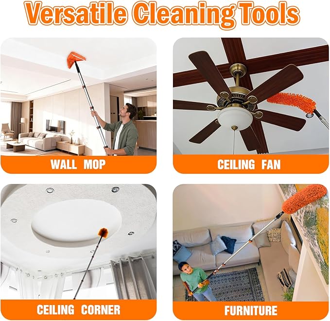 LAANPOLE 20FT Reach Dusters for Cleaning, Ceiling Fan Cleaner Duster with Extension Pole, Wall and Baseboard Cleaner Mop with Handle for Window Cobweb Fan Blade and High Ceiling