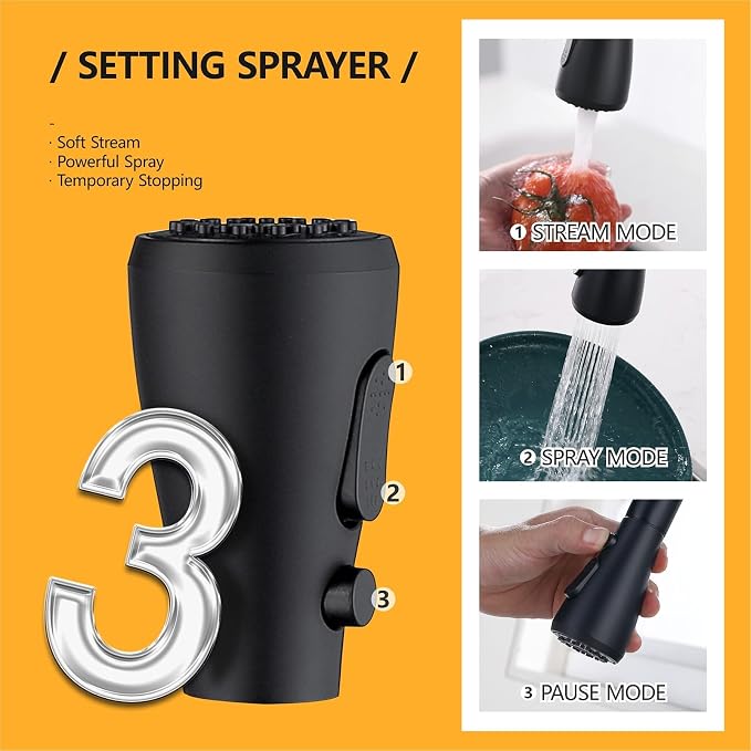 Hiqufet Kitchen Faucet, Pull Down Sprayer, Matte Black | Easy Install, 360 Swivel, 3 Spray Modes, SUS304 Stainless Steel, Leak-Proof, Fingerprint Resistant, Single Handle