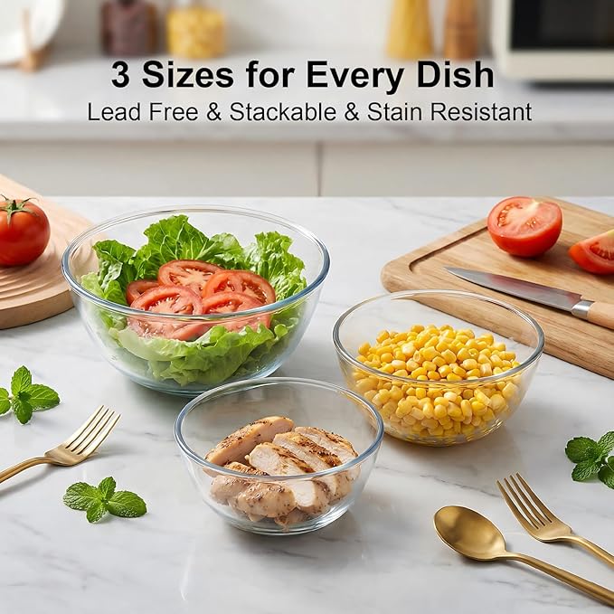 Borosilicate Glass Mixing Bowls Set of 3 (2.8, 2.2, 1.1QT) - Heavy Duty, Scratch Resistant, Non-Toxic & Lead-Free – Oven/Microwave/Dishwasher/Freezer Safe – Ideal for Meal Prep, Baking & Serving