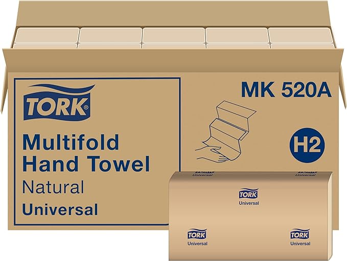 Tork Multifold Hand Towel, Natural, 100% recycled, FSC certified, Compatible with H2 Dispensers, 16 packs x 250 sheets (MK520A) | 1-Ply Paper, 100% Recycled Fiber, 250 Per Bundle, H2 Dispenser Compatible, Touch Free Dispensing, 9.5 x 9.1 in