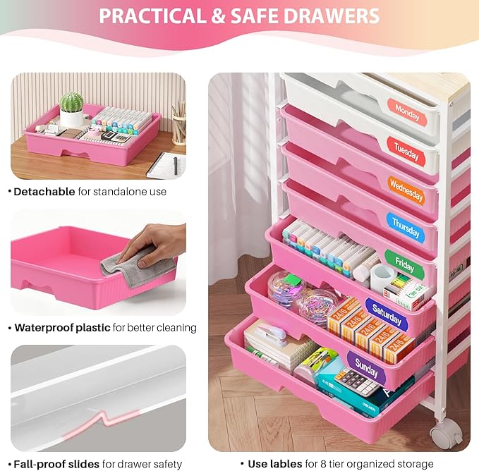 Goovilla Rolling Cart with Drawers, Utility Cart Organizer With 8 Removable Drawers and Wooden Tabletop, Lockable Rolling Storage Organizer for Art, Classroom, Home, Dorm, Office, Craft Storage, Pink