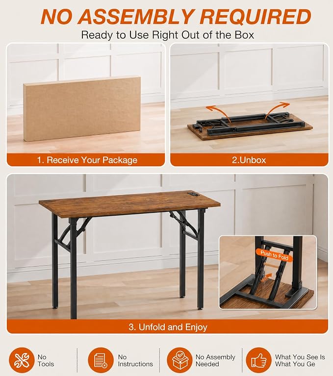 XBurmo Small Folding Desk Folding Table, No Assembly Foldable Desk Gaming Desk, 43.3-Inch Computer Table Workstation with 2 AC Outlets and 2 USB Ports for Bedroom and Home Office, Rustic Brown