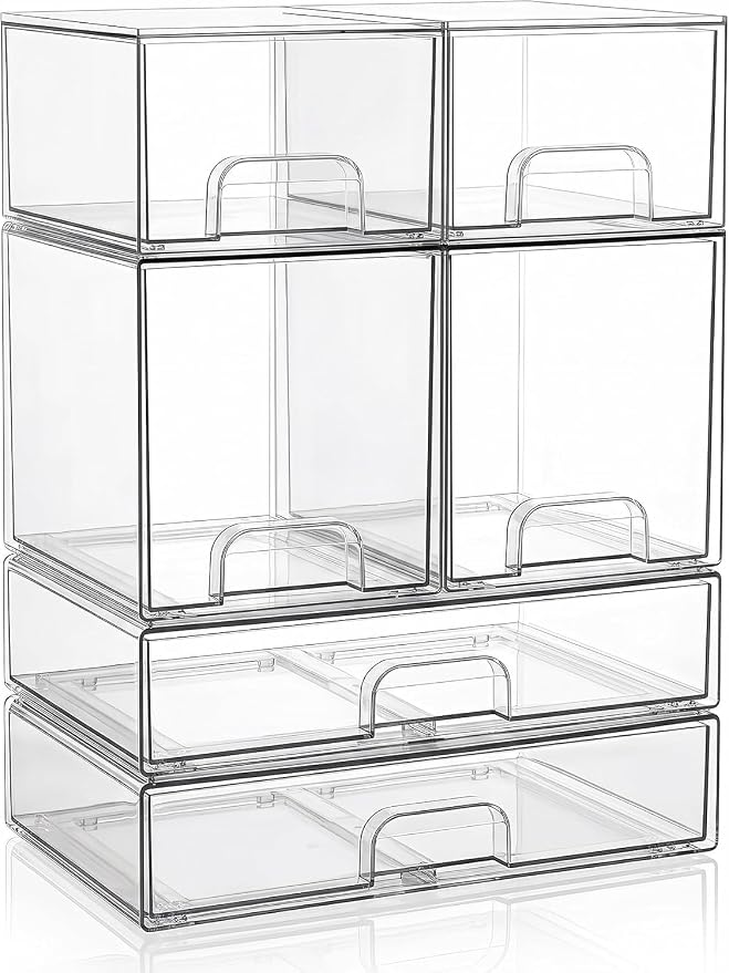 Clear Stackable Storage Drawers: Baby Bottle Storage Organizer, Acrylic Bottles Station Organizer Container for Countertop, Vanity, Bathroom, Cabinet Organization - 6 Pack