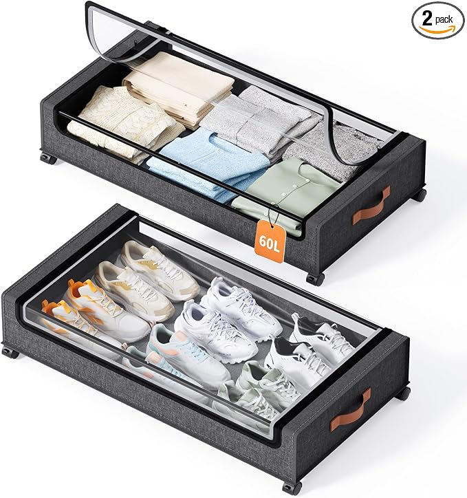 Yecaye 60 L Under Bed Storage with Wheels, 2 Pack Under Bed Storage Containers with Clear Window & Label, Rolling Under bed Shoe Storage organizer for Clothes, Shoes, Hemp Grey