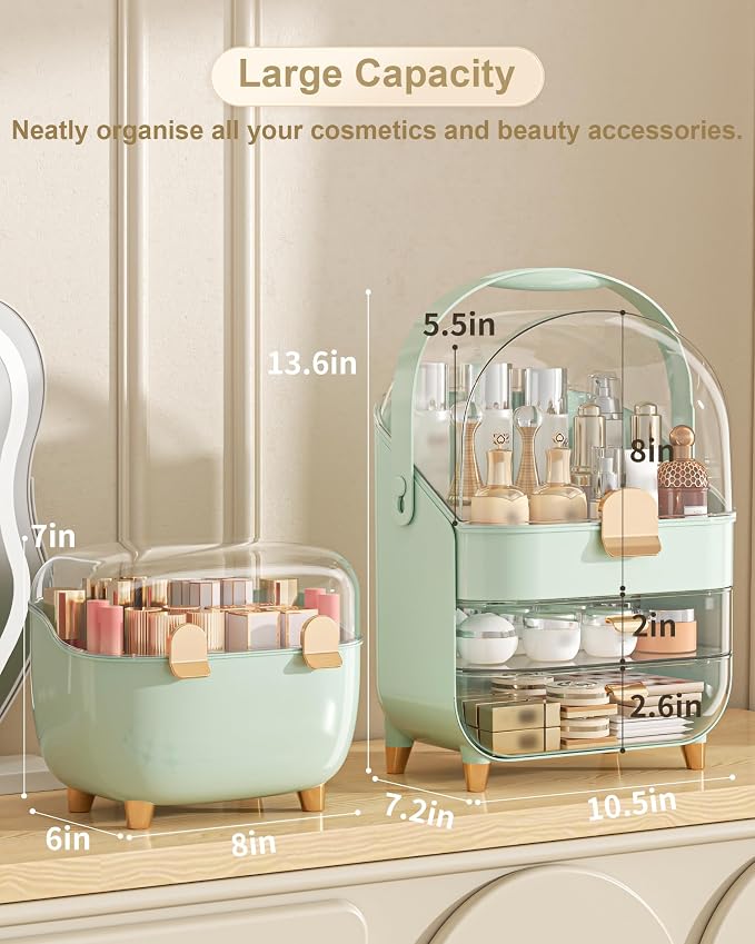 Makeup Organizer Countertop, Skincare Holder Bathroom Counter Organizer, Storage Box Cosmetic Display Cases, Teen Girl Gifts Make up Organizers (Green/Lipstick)