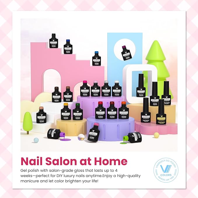 VANREESA 24 Pcs Gel Nail Polish Set -Trendy Colors Gel Polish with Base Coat & 4 Effects of Top Coat White Pink Red Orange Yellow Green Brown Blue Purple Gel Polish Set Nail Kit Gifts for Women Girls