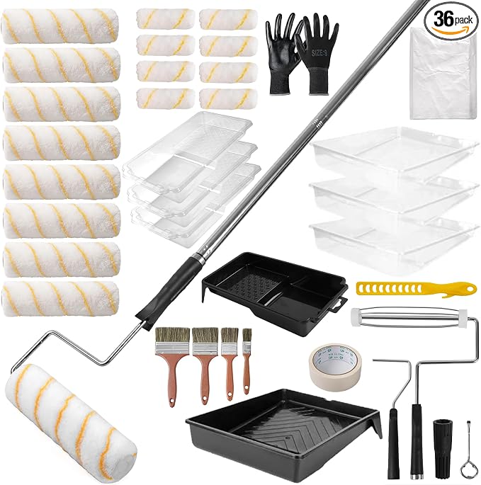 SOUTHGATE 36PCS Paint Roller Kit with 4-Section Pole, 9''& 4''Roller Trays, Heavy-Duty Frames, Microfiber Paint Rollers, Brushes & Scrappers, House Painting Tools for Walls, Ceilings & Home Renovation