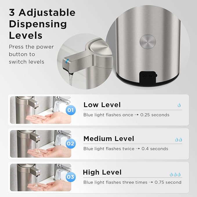 Newise Automatic Soap Dispenser - 9 oz, Rechargeable Touchless Liquid Soap for Kitchen and Bathroom with 3 Adjustable Dispensing Modes, Stainless Steel